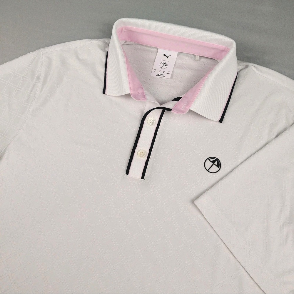 Arnold Palmer Puma Golf Polo Shirt Men's Large White Pink Jacquard Performance